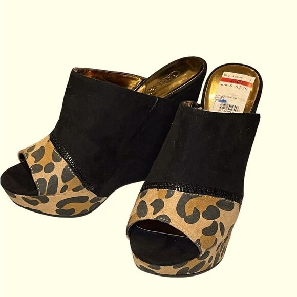 NWT Carlos by Carlos Santana Black and Leopard Print Wedges Size 8 - Picture 2 of 9